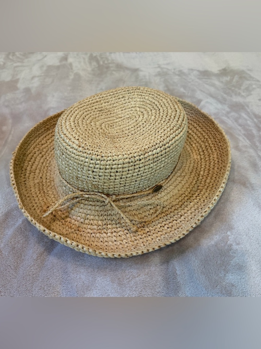 Scala Woven Raffia Hat in Natural Tan with tie.